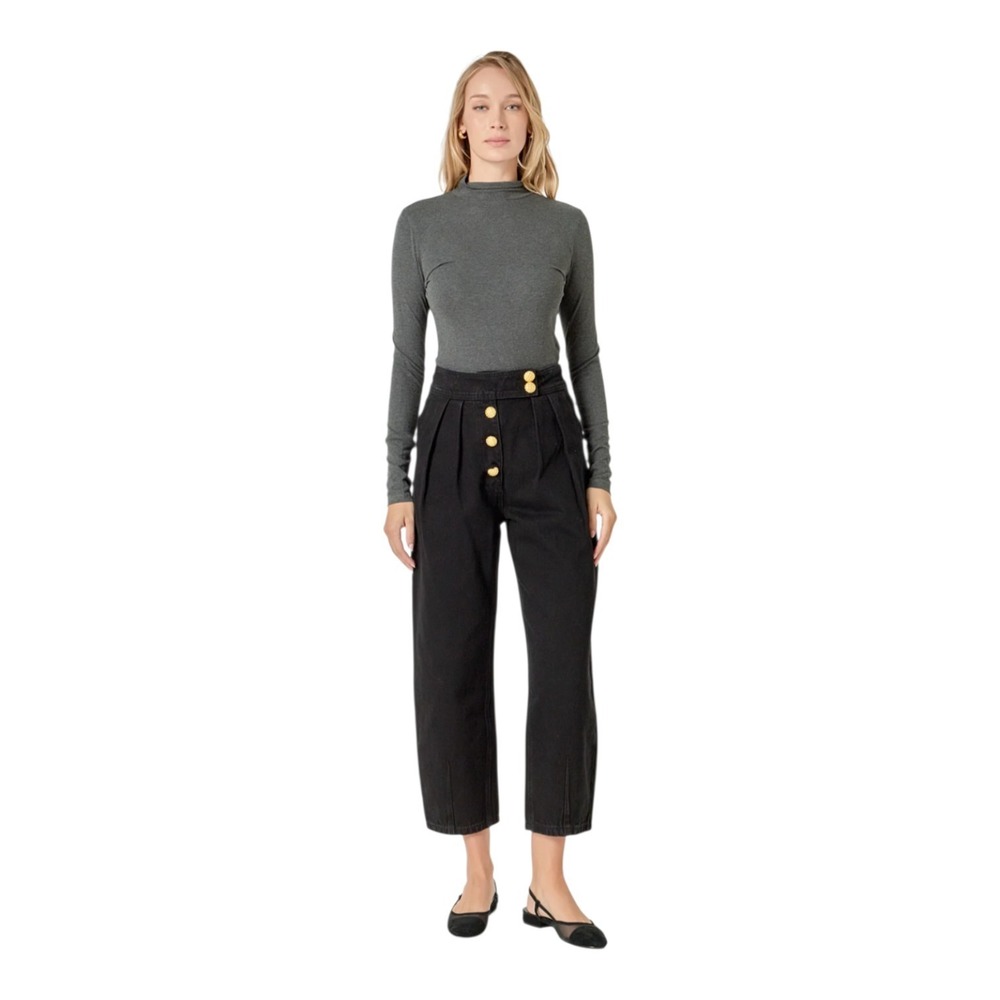 English Factory Black Gold Button Fly Pleated Premium Denim Crop Trousers Size M